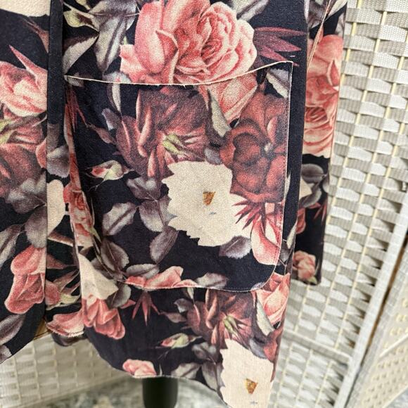 Solitaire Faux Suede Open Jacket Size L Pink Brown Floral Notch Collar Pockets - Picture 5 of 9